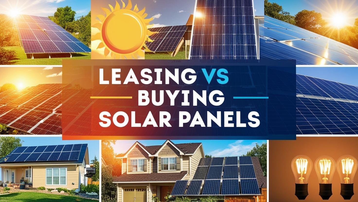 Text reading "Leasing vs Buying Solar Panels" on a background collage of images related to solar energy like solar panels, the sun, houses with rooftop solar, lightbulbs, etc